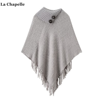 拉夏贝尔/La Chapelle秋季新款流苏斗篷针织衫女高领纽扣毛衣披肩