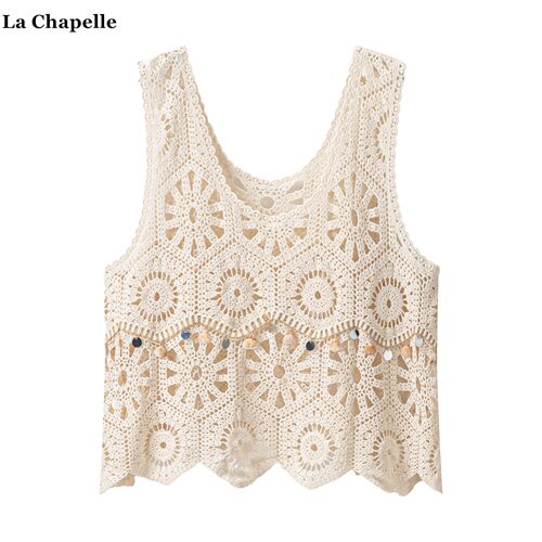 拉夏贝尔/La Chapelle波西米亚度假风镂空背心女吊坠装饰叠穿上衣