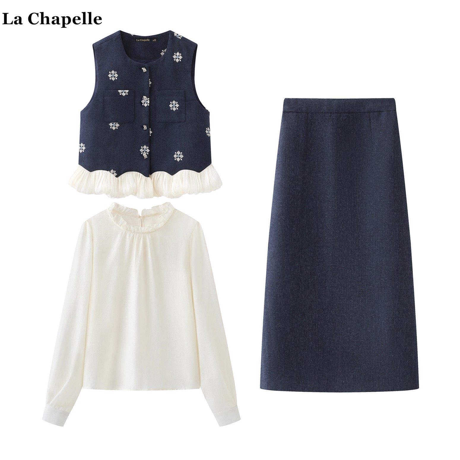 拉夏贝尔/La Chapelle小香风刺绣马甲木耳边衬衫半身裙通勤套装女,女装/女士精品,时尚套装,淘宝优惠券,粉丝福利购,淘宝优惠卷