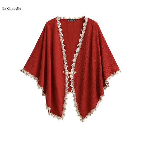 拉夏贝尔/La Chapelle红色旗袍披肩结婚女高级感蕾丝花边外搭开衫