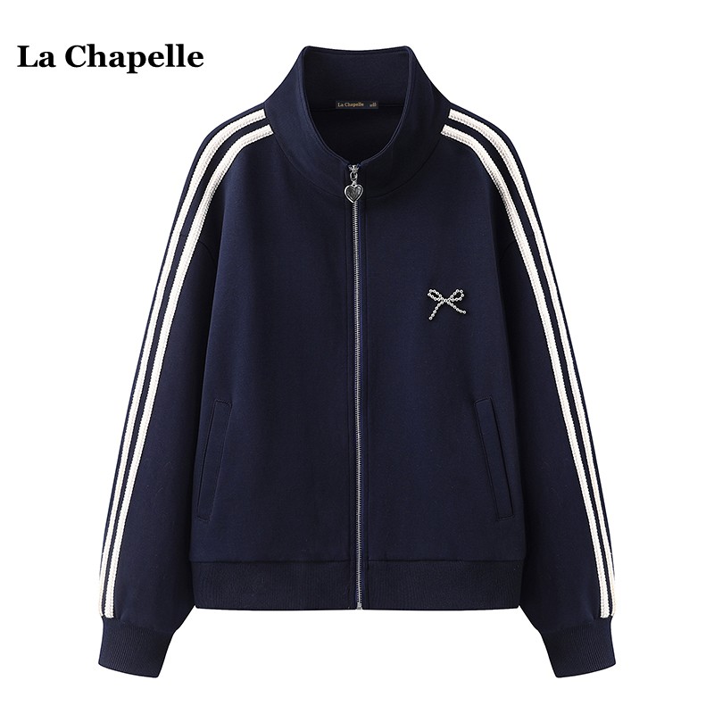 拉夏贝尔/La Chapelle休闲翻领外套女春季新款运动风宽松条纹卫衣