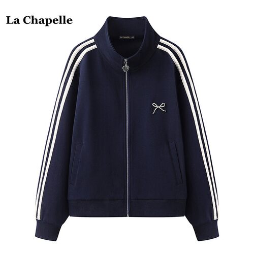 拉夏贝尔/La Chapelle休闲翻领外套女春季新款运动风宽松条纹卫衣