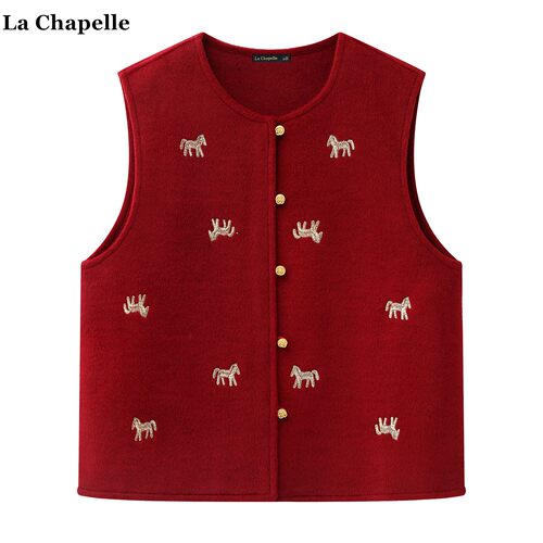 拉夏贝尔/La Chapelle新中式小马刺绣红色马甲女2026春季外穿背心