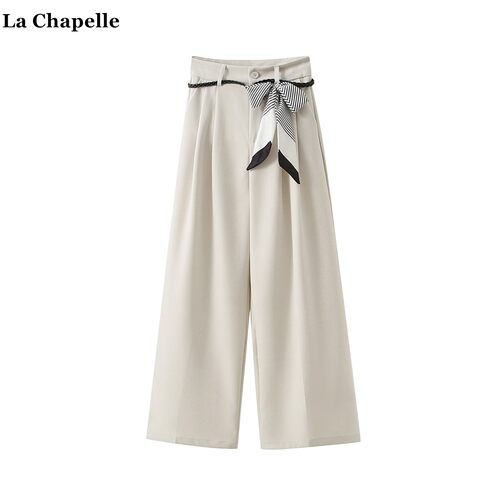拉夏贝尔/La Chapelle韩版百搭丝带休闲裤女春秋新款西装阔腿裤子