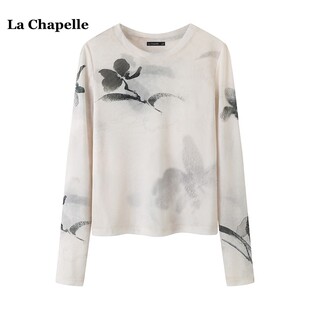 休闲风宽松网纱长袖 Chapelle秋季 T恤防晒印花上衣女 拉夏贝尔
