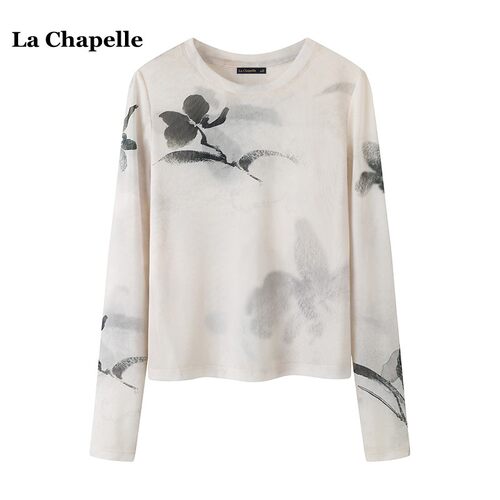拉夏贝尔/La Chapelle秋季休闲风宽松网纱长袖T恤防晒印花上衣女