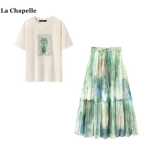 拉夏贝尔/La Chapelle夏季印花短袖T恤民族风抽绳半身裙俩件套女