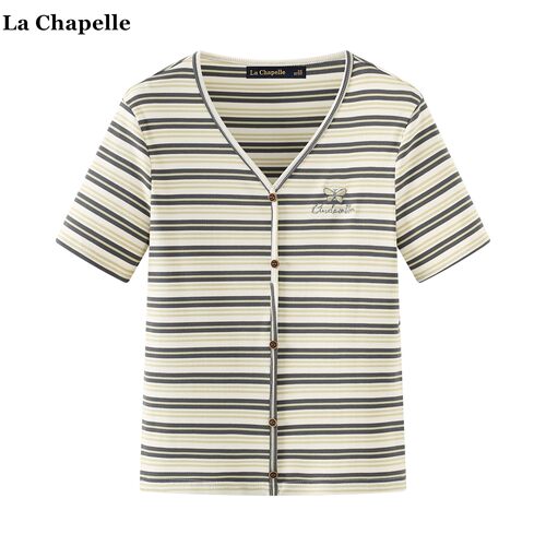 拉夏贝尔/La Chapelle蝴蝶结刺绣条纹V岭短袖T恤夏季新款正肩上衣