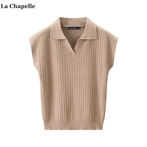 拉夏贝尔/La Chapelle翻领坑条针织背心女2026春夏新款飞飞袖上衣