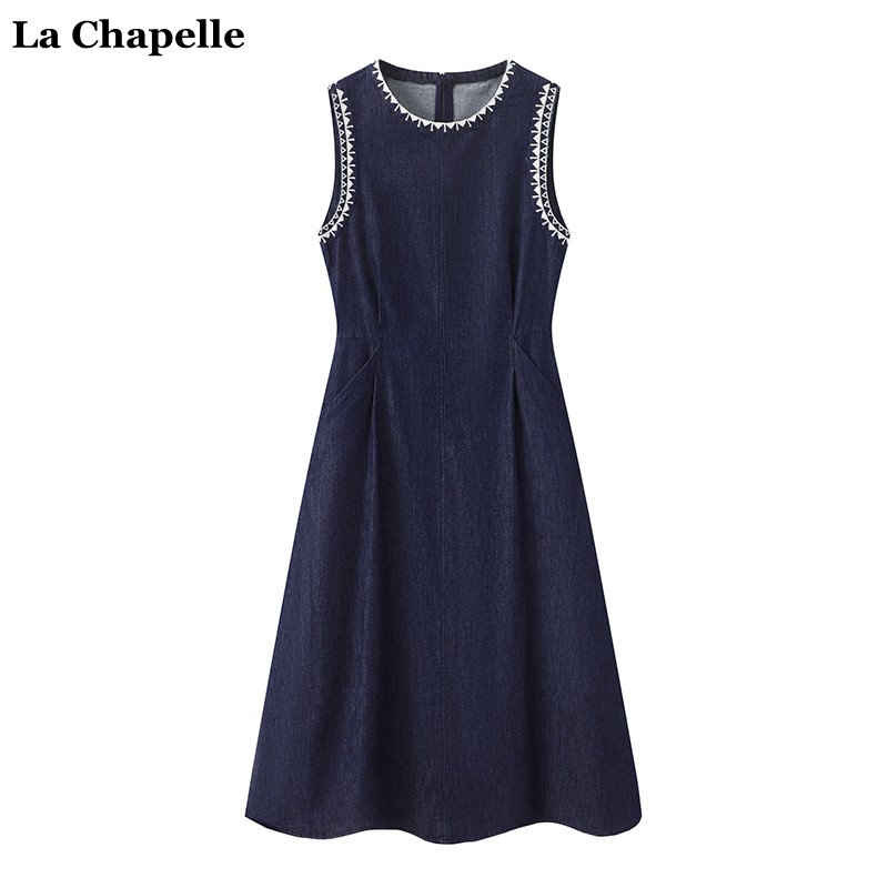拉夏贝尔/La Chapelle民族风刺绣背心连衣裙女夏季修身显瘦牛仔裙