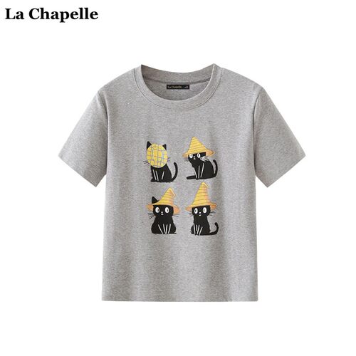 拉夏贝尔/La Chapelle韩版卡通刺绣短袖T恤女夏新款灰色圆领上衣