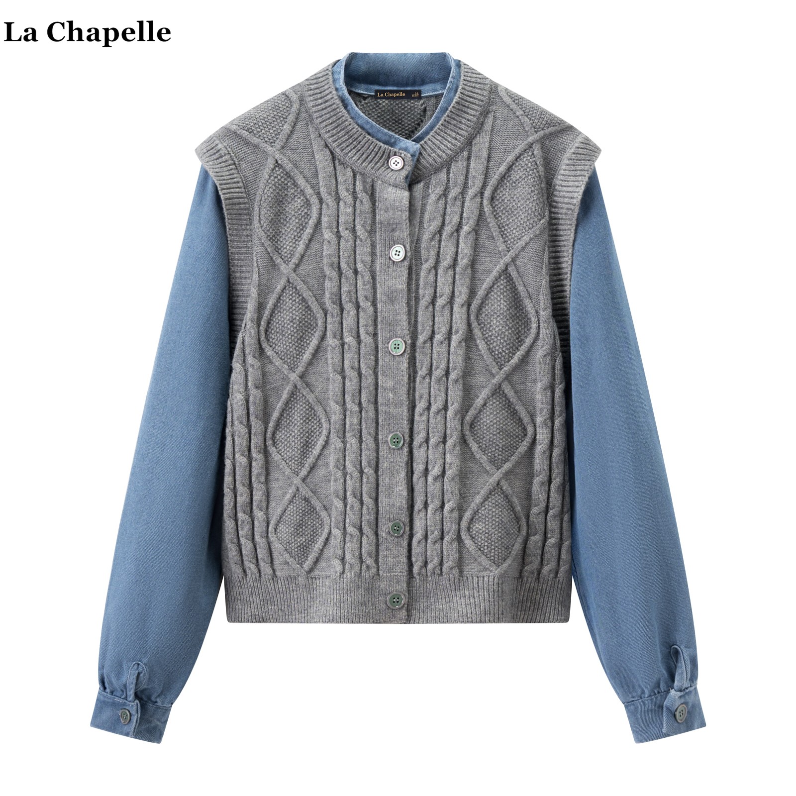 拉夏贝尔/La Chapelle假两件拼接毛衣外套女秋冬款学院风针织开衫