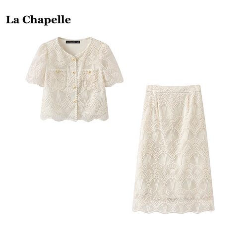 拉夏贝尔/La Chapelle法式蕾丝镂空衬衫半身裙女夏季小香风俩件套