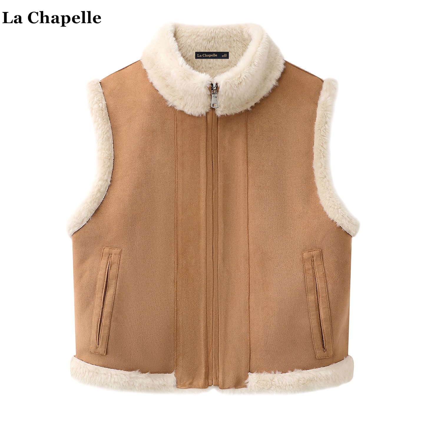 拉夏贝尔/La Chapelle双面穿麂皮绒马甲女冬季新款羊羔毛无袖坎肩