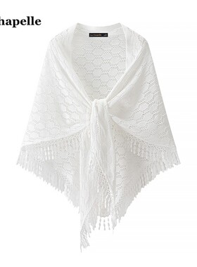 拉夏贝尔/La Chapelle白色外搭旗袍针织开衫女新中式镂空斗篷披肩