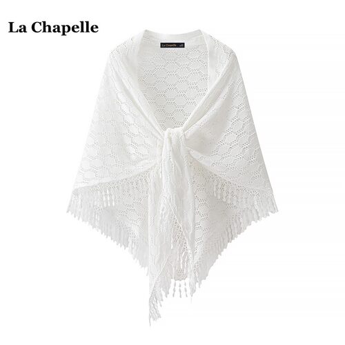 拉夏贝尔/La Chapelle白色外搭旗袍针织开衫女新中式镂空斗篷披肩