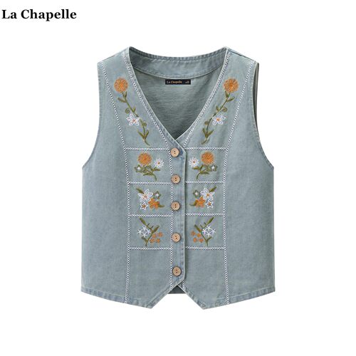 拉夏贝尔/La Chapelle复古刺绣牛仔马甲女秋季民族风叠穿背心坎肩