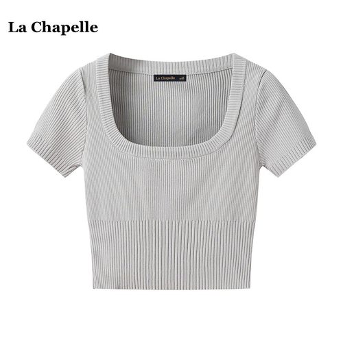 拉夏贝尔/La Chapelle辣妹U领针织短袖T恤女圆领冰丝短款显瘦上衣