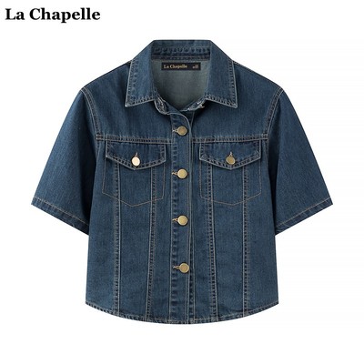 拉夏贝尔/La Chapelle夏季新款短袖牛仔外套衬衫女复古薄款小披肩