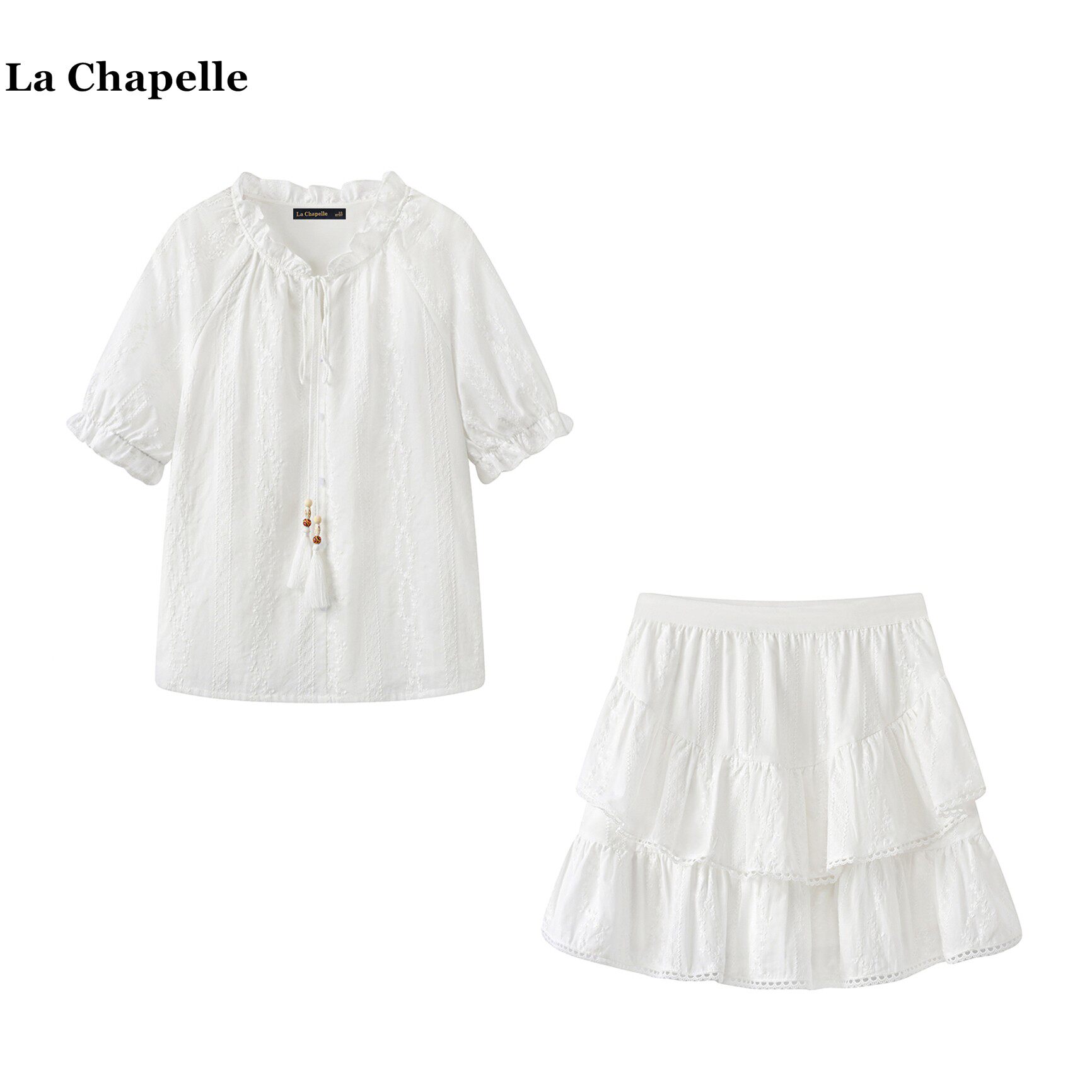 拉夏贝尔/La Chapelle木耳边系带短袖衬衫荷叶边刺绣半身裙套装女