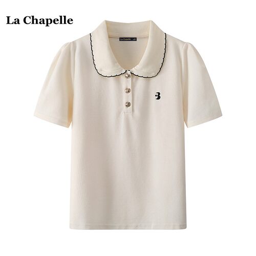 拉夏贝尔/La Chapelle字母短袖T恤女夏季新款百搭休闲娃娃领上衣