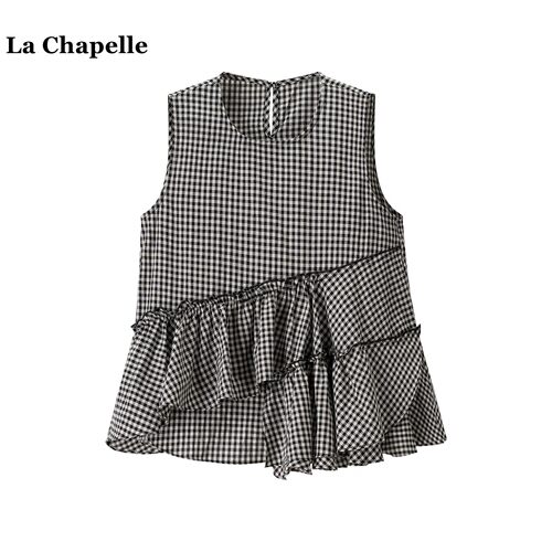 拉夏贝尔/La Chapelle设计感荷叶边无袖衬衫女春夏季格子宽松上衣