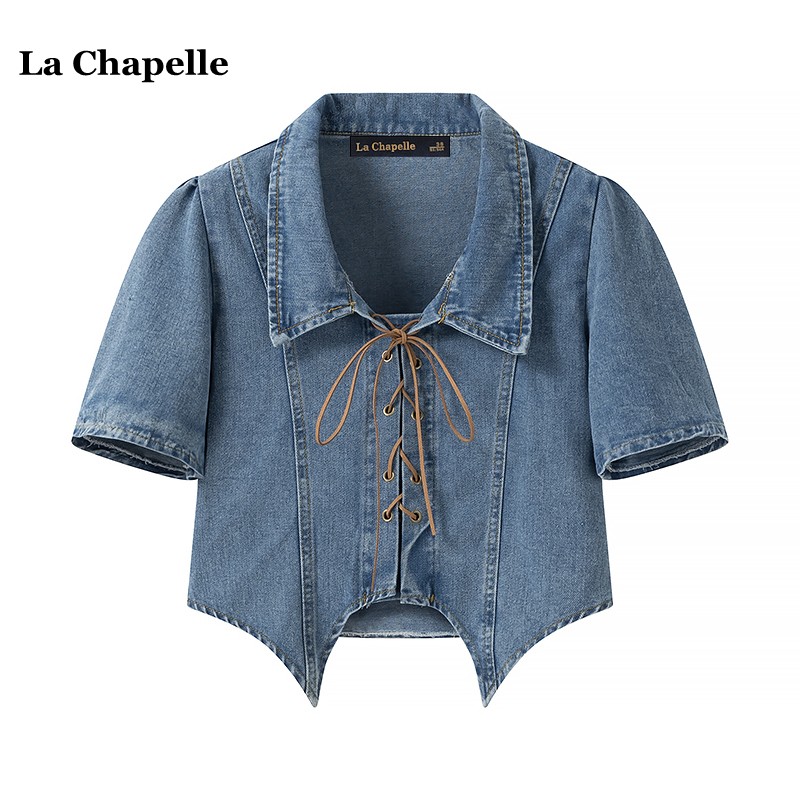 拉夏贝尔/La Chapelle设计感小众系带短袖牛仔衬衫女夏季复古上衣
