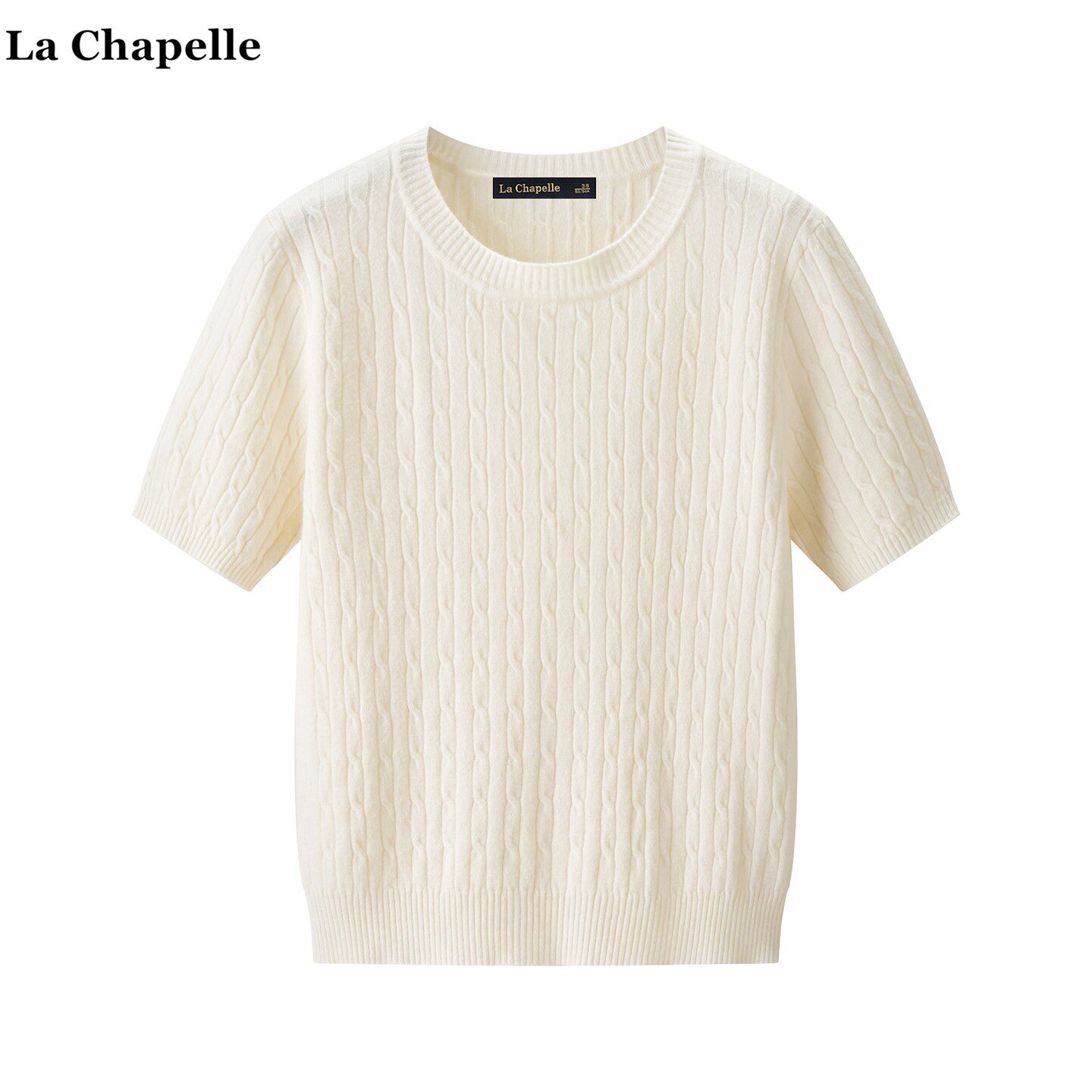 拉夏贝尔/La Chapelle灰色麻花短袖针织衫女2026春夏新款圆领上衣