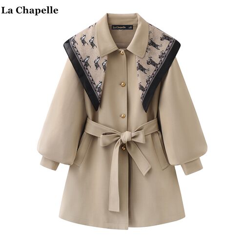 拉夏贝尔/La Chapelle卡其色风衣外套女春季新款英伦风带披肩外套