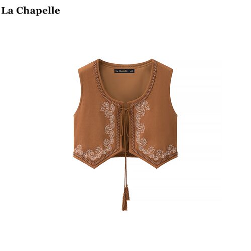 拉夏贝尔/La Chapelle民族风波西米亚刺绣马甲外搭女系带流苏坎肩