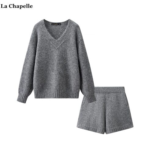 拉夏贝尔/La Chapelle秋季韩系V领针织衫高腰短裤小香风俩件套女