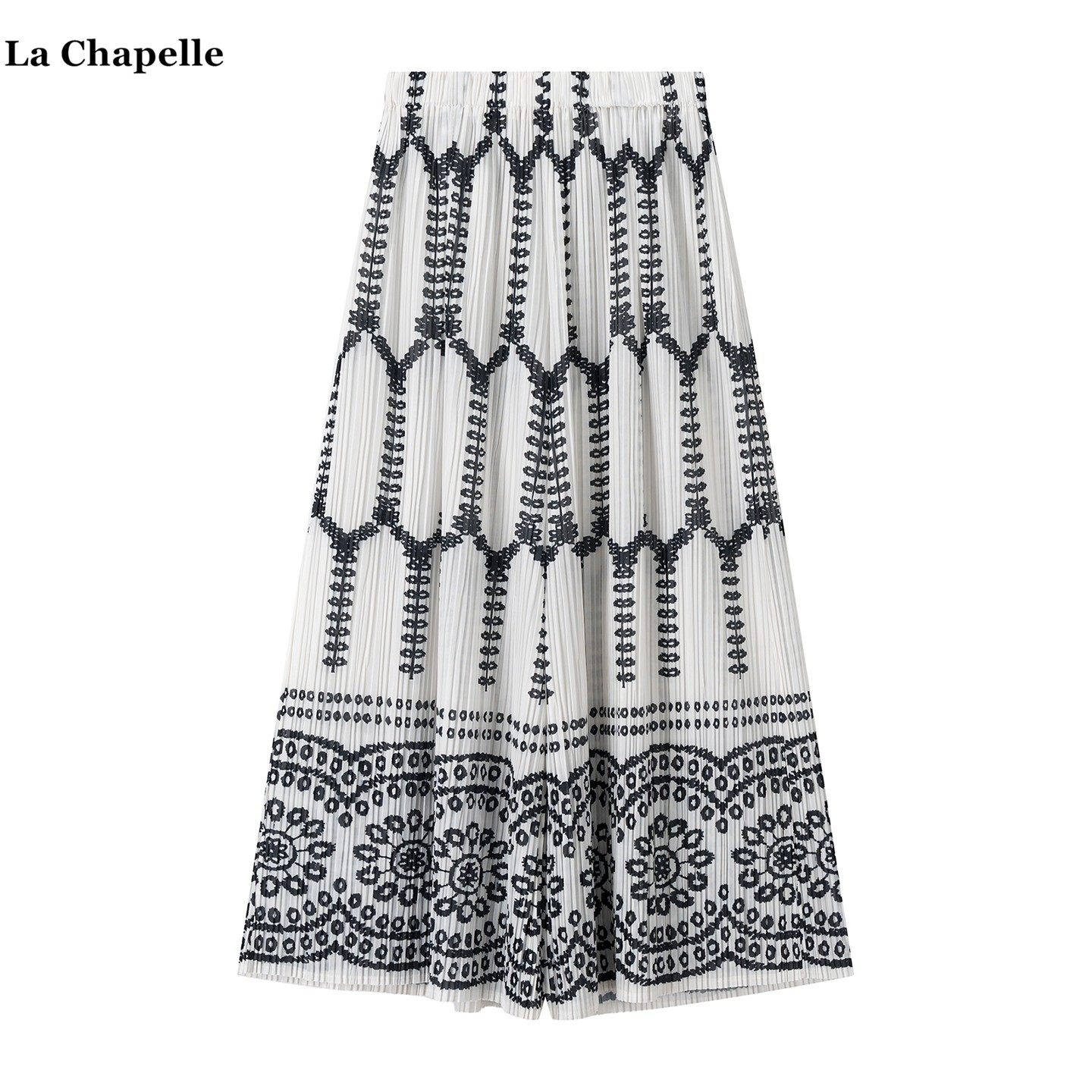 拉夏贝尔/La Chapelle民族风印花阔腿裤女夏季新款百褶直筒休闲裤