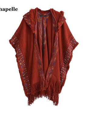 拉夏贝尔/La Chapelle红色连帽斗篷披肩女新疆西藏民族风旅游披风