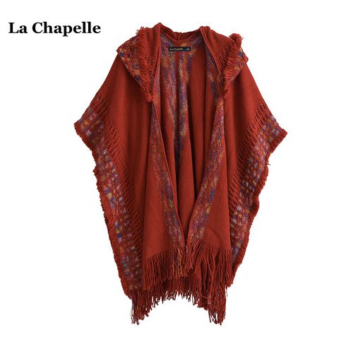拉夏贝尔/La Chapelle红色连帽斗篷披肩女新疆西藏民族风旅游披风
