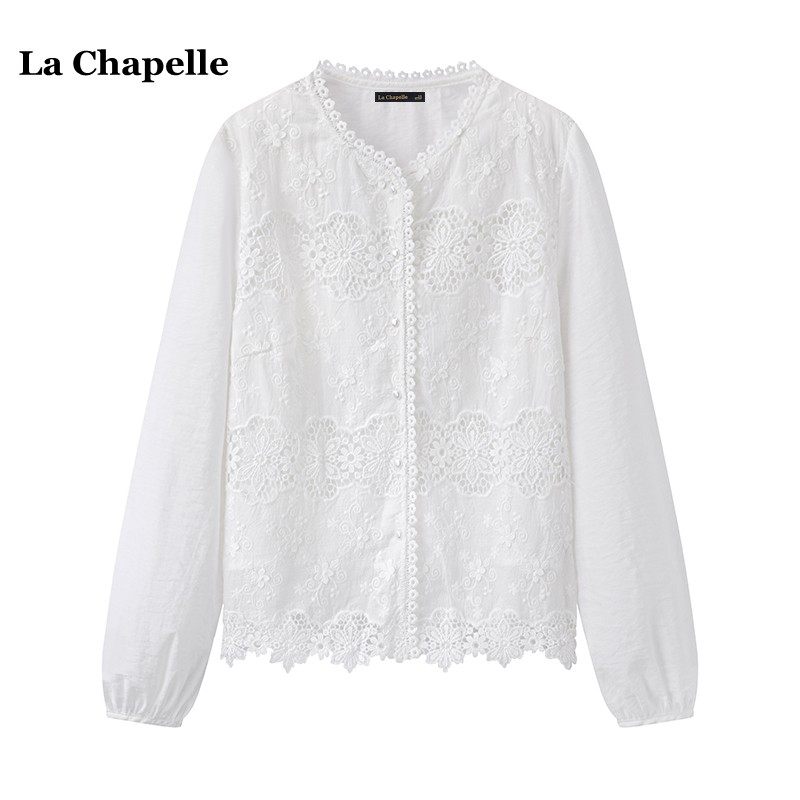 拉夏贝尔/La Chapelle小众蕾丝衬衫女春夏季国风镂空花朵长袖衬衣