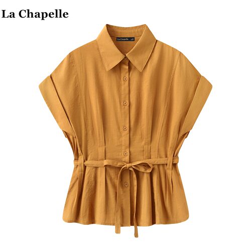 拉夏贝尔/La Chapelle韩系气质系带短袖衬衫女夏季设计感收腰上衣