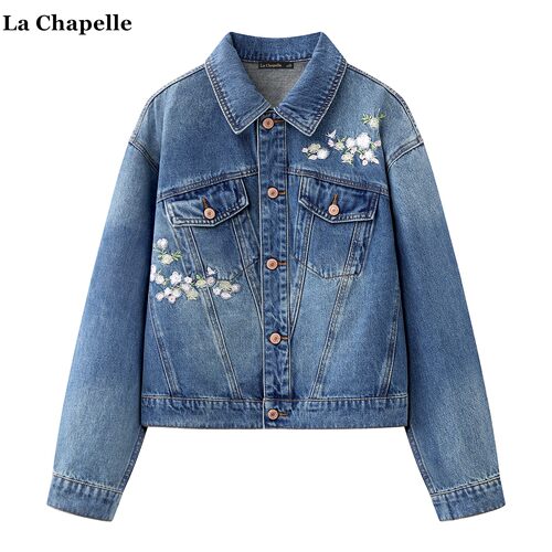拉夏贝尔/La Chapelle复古刺绣牛仔外套女春季新款小个子宽松上衣