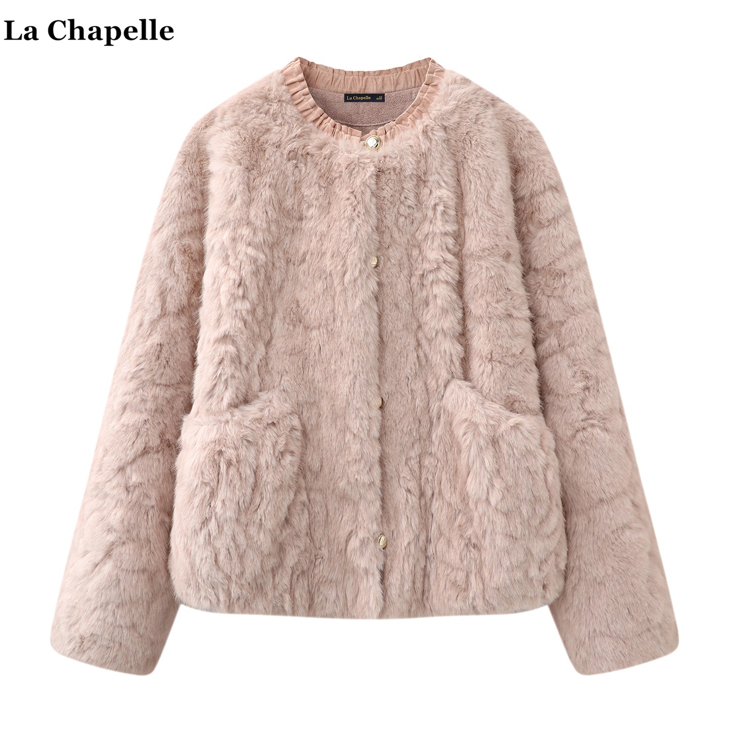 拉夏贝尔/La Chapelle小香风粉色外套女秋冬新款保暖皮毛一体上衣