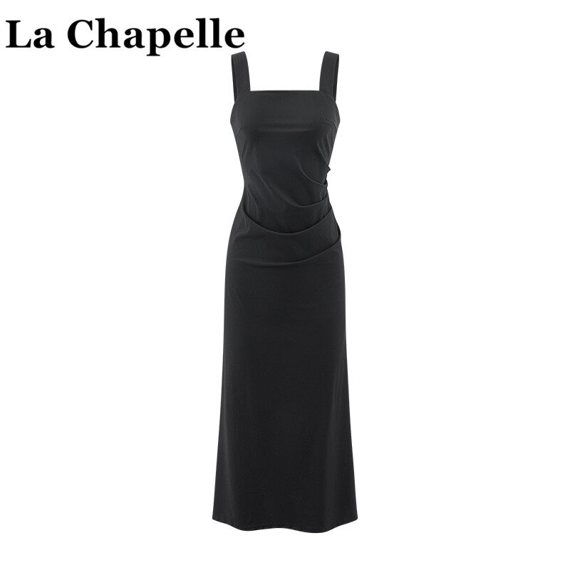 拉夏贝尔/La Chapelle小黑裙女无袖气质吊带连衣裙女夏季收腰长裙