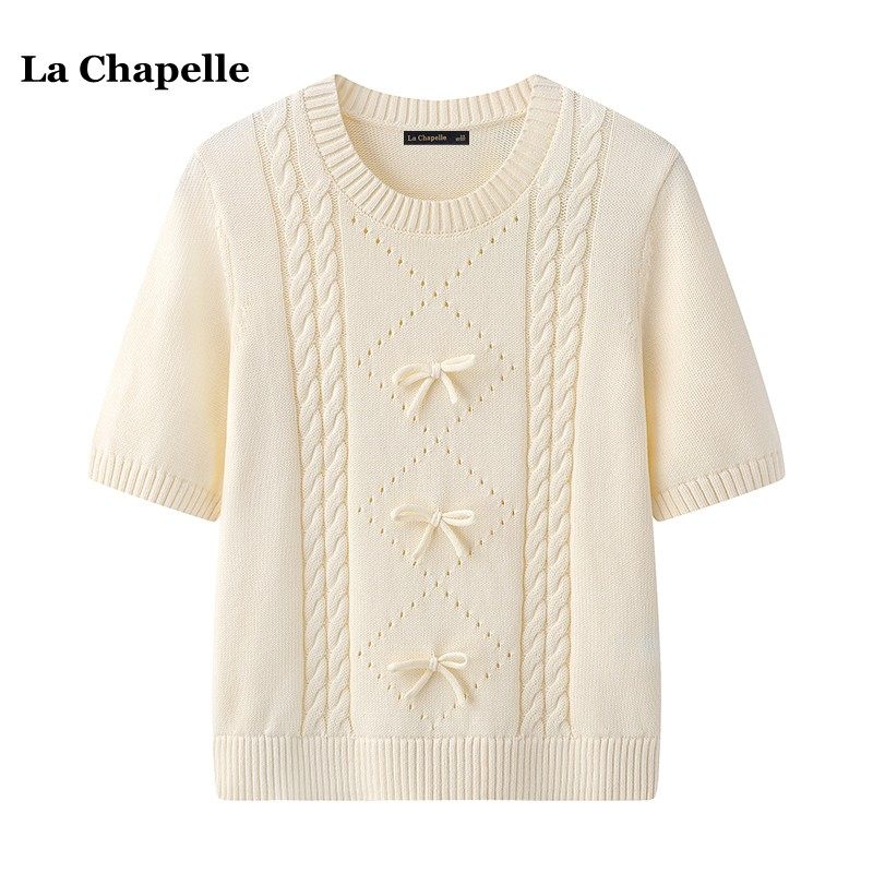 拉夏贝尔/La Chapelle蝴蝶结麻花短袖针织衫女春夏新款小香风上衣