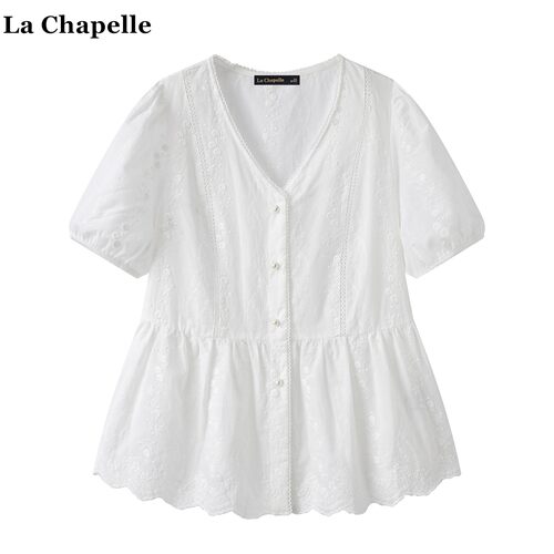 拉夏贝尔/La Chapelle法式V领刺绣短袖衬衫女夏新款收腰显瘦上衣