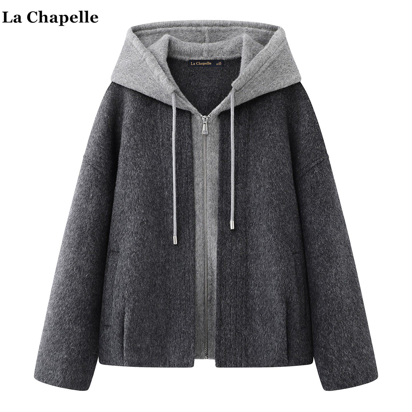 拉夏贝尔/La Chapelle高级感灰色连帽短外套女冬季宽松假俩件上衣,女装/女士精品,短外套,淘宝优惠券,粉丝福利购,淘宝优惠卷