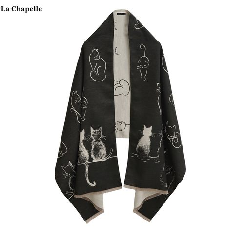 拉夏贝尔/La Chapelle卡通猫咪印花针织披肩围巾女秋冬款保暖披风