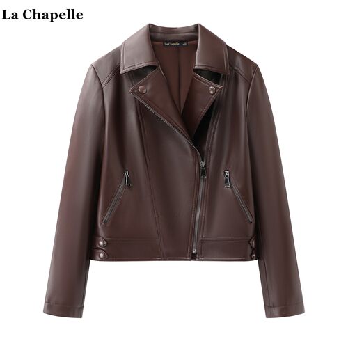 拉夏贝尔/La Chapelle美拉德复古棕色皮衣外套女秋季新款机车夹克