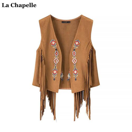 拉夏贝尔/La Chapelle复古流苏刺绣马甲女夏季民族风V领外搭背心