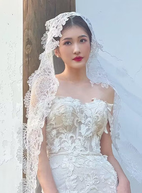新娘结婚拍照蕾丝花头纱影楼摄影