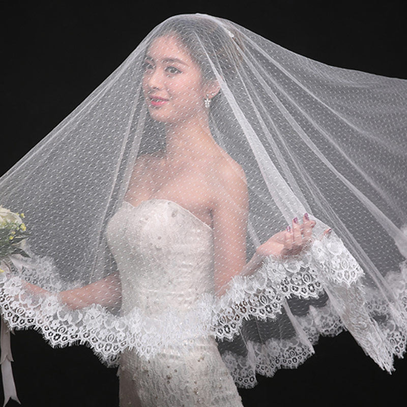新款新娘结婚礼服配件复古柔美波点睫毛水溶蕾丝花边乳白色盖头纱