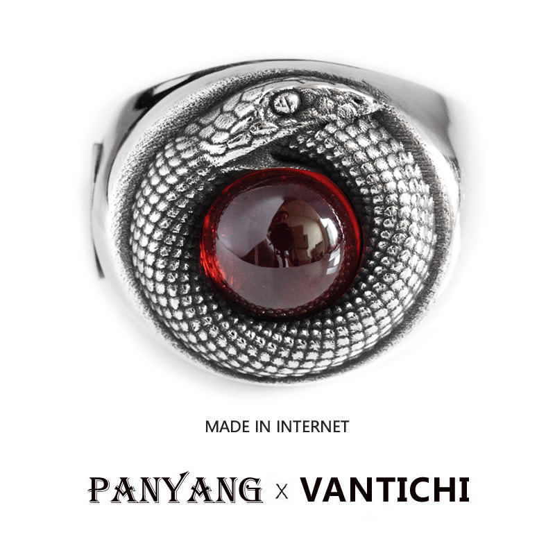 [自我完善和超越]-正品-小众VANTICHI纯银衔尾蛇红色宝石男戒指