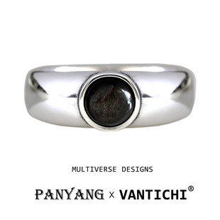 [招财X沉稳]进口VANTICHI纯银复古素面金曜石黑曜石戒指男女尾戒