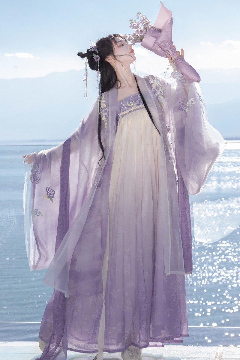 원래 HANFU 여성 가슴 높이 속치마 보라색 큰 소매 셔츠 장미 정원 일일 한 요소 봄 여름 HANFU [꽃 신의 노트]